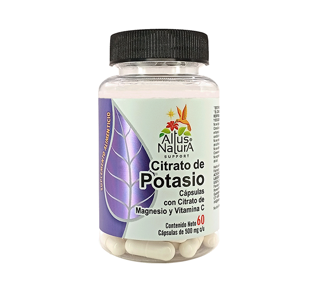 Frasco transparente de cápsulas de citrato de potasio con etiqueta blanca y morada sobre fondo blanco.