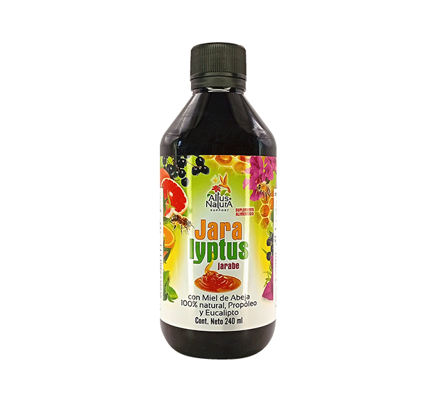 Frasco negro de jarabe Jaralyptus de Miel de Abeja, Propóleo y Eucalipto, con etiqueta blanca y verde sobre fondo blanco.