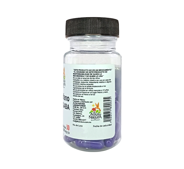 Costado del frasco de suplemento de L-Triptófano y GABA que muestra las advertencias y leyendas obligatorias del producto.