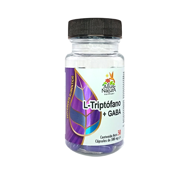 Frasco transparente de cápsulas de L-Triptófano y GABA con etiqueta blanca y morado sobre fondo blanco.