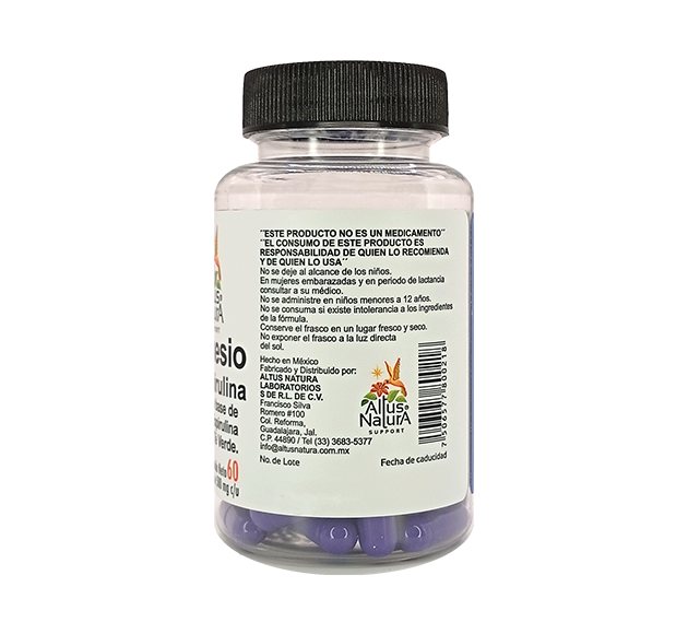 Costado del frasco de suplemento de magnesio con espirulina que muestra las advertencias y leyendas obligatorias del producto.