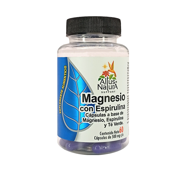 Frasco transparente de cápsulas de magnesio con espirulina con etiqueta blanca y azul sobre fondo blanco.