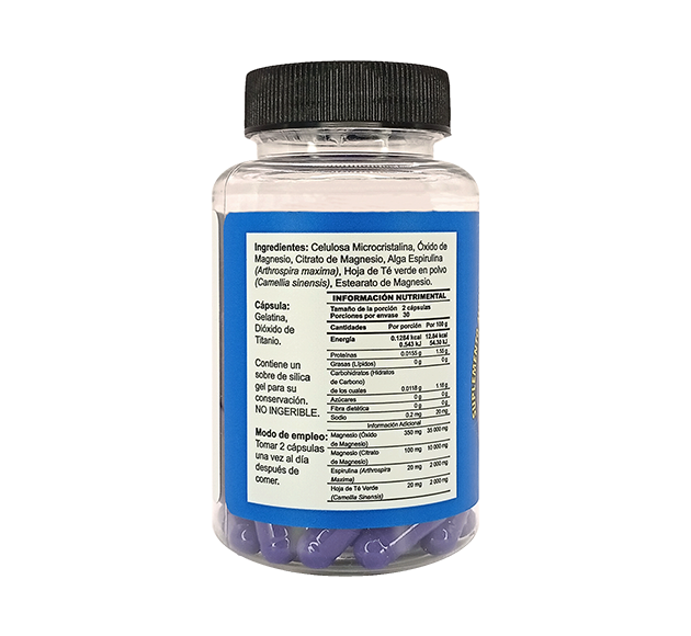 Costado del frasco de suplemento de magnesio con espirulina donde se muestra la tabla nutrimental.