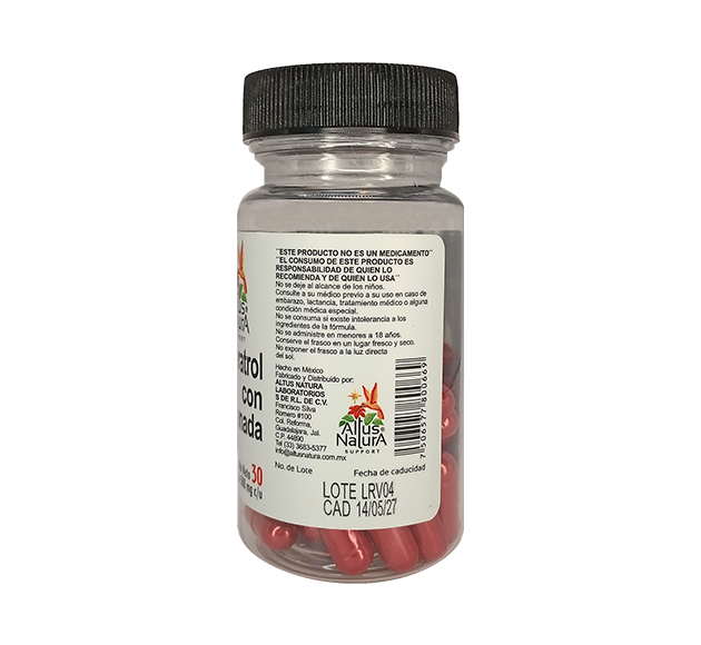 Costado del frasco de suplemento de resveratrol con granada que muestra las advertencias y leyendas obligatorias del producto.