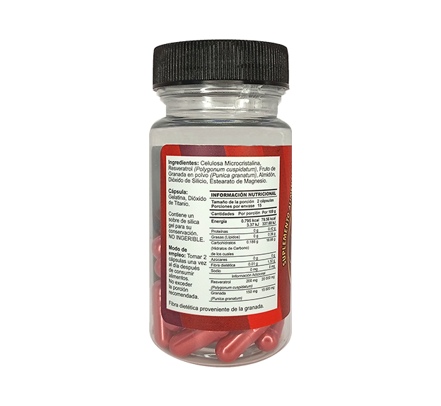 Costado del frasco de suplemento de resveratrol con granada donde se muestra la tabla nutrimental.