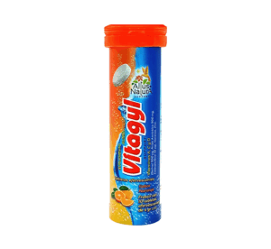 Tubo de tabletas de vitaminas, con etiqueta azul, naranja y amarillo, sobre fondo blanco.